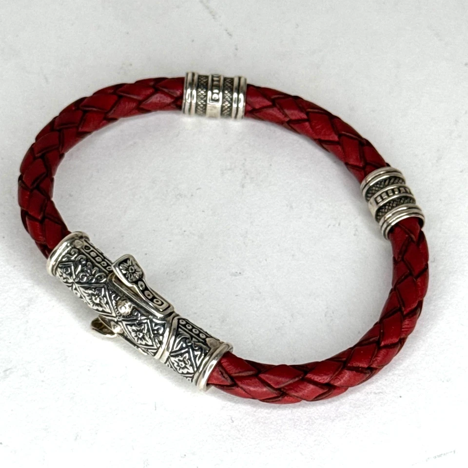 Konstantino Mens Red Braided Leather 925 Sterling Silver Bracelet 7.75" - Image 2 of 4