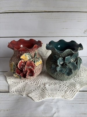 2 PcsVintage Antique Majolica Barbotine Rose Vase Victorian Era Pottery Blue Red