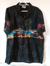 Vntg Paradise Style Hawaii Shirt Mens L Black Floral Aloha Hawaiian Panel Wagon