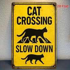 2D Flat 8x12Inch Cat Crossing Slow Down Metal Sign Vintage Yellow Iron Wall Art