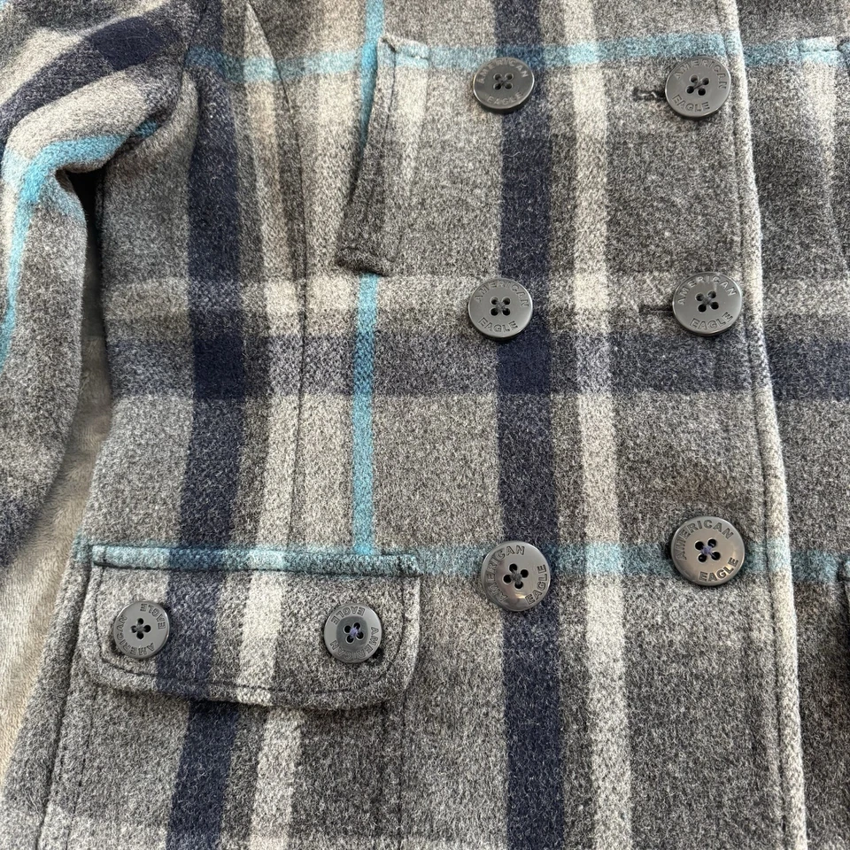 Casaco de lã American Eagle feminino xadrez médio peito duplo cinza azul-petróleo lenhador - Imagem 2 de 4