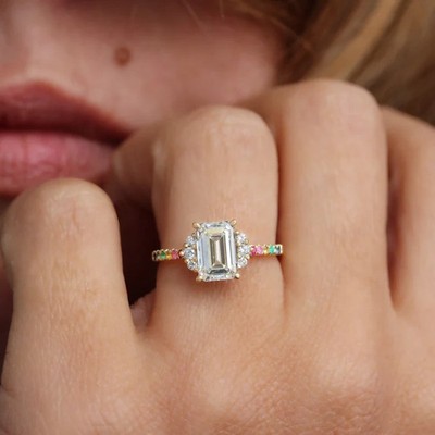 Emerald Cut Moissanite Cluster Engagement Ring Unique Wedding Bridal Jewelry Her