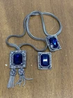 Vintage Antique Costume Jewelry Set Necklace with Earrings Blue Rhinestones