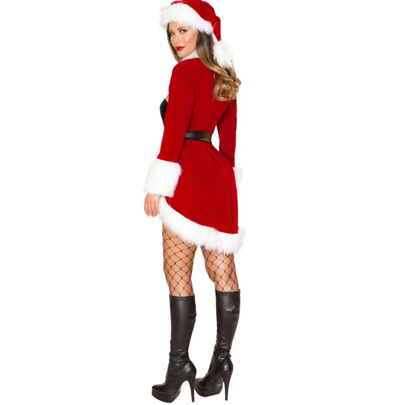 Women Christmas Costume Sexy Santa Claus Dress Red Velvet Coat Jumpsuit Hat Belt - Image 3 of 4
