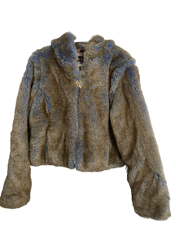 BABY PHAT Women's XL Acrylic Brown/Blue Faux FUR Full Zip Hooded JACKET /Vest