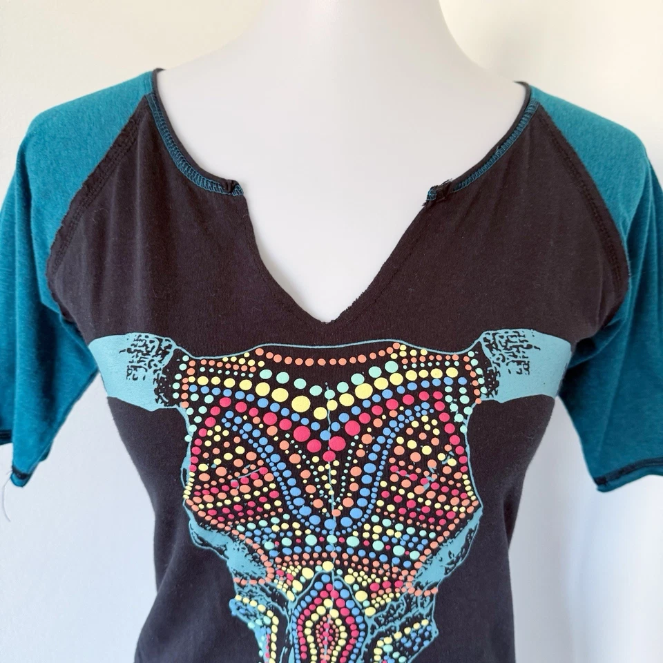 Camiseta Panhandle Mujer S Pequeña Vaquera Occidental Cabeza de Novilón Calavera Negra Azteca Foto 4 de 4