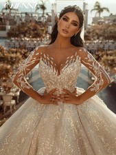 Long Sleeve Bride Dresses Sparkly Sequins Beads Wedding Gowns Luxury Ball Gowns