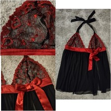 Frederick's Of Hollywood Black Teddy w/ Red Embroidered Hearts  Satin Bow Large