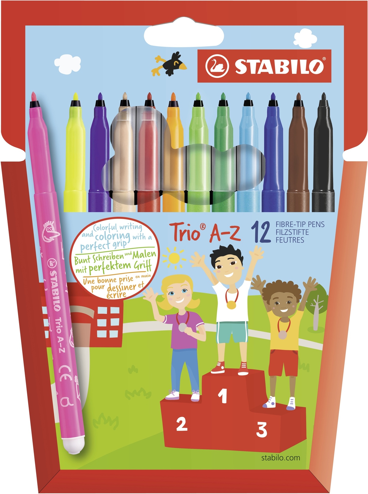 Feutres STABILO Trio A-Z étui carton de 12 coloris assortis avec 2 fluo
