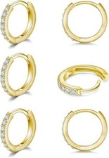 3 Pairs 10mm Simple Gold Cubic Zirconia Small Hoop Earrings Jewelry Unisex J
