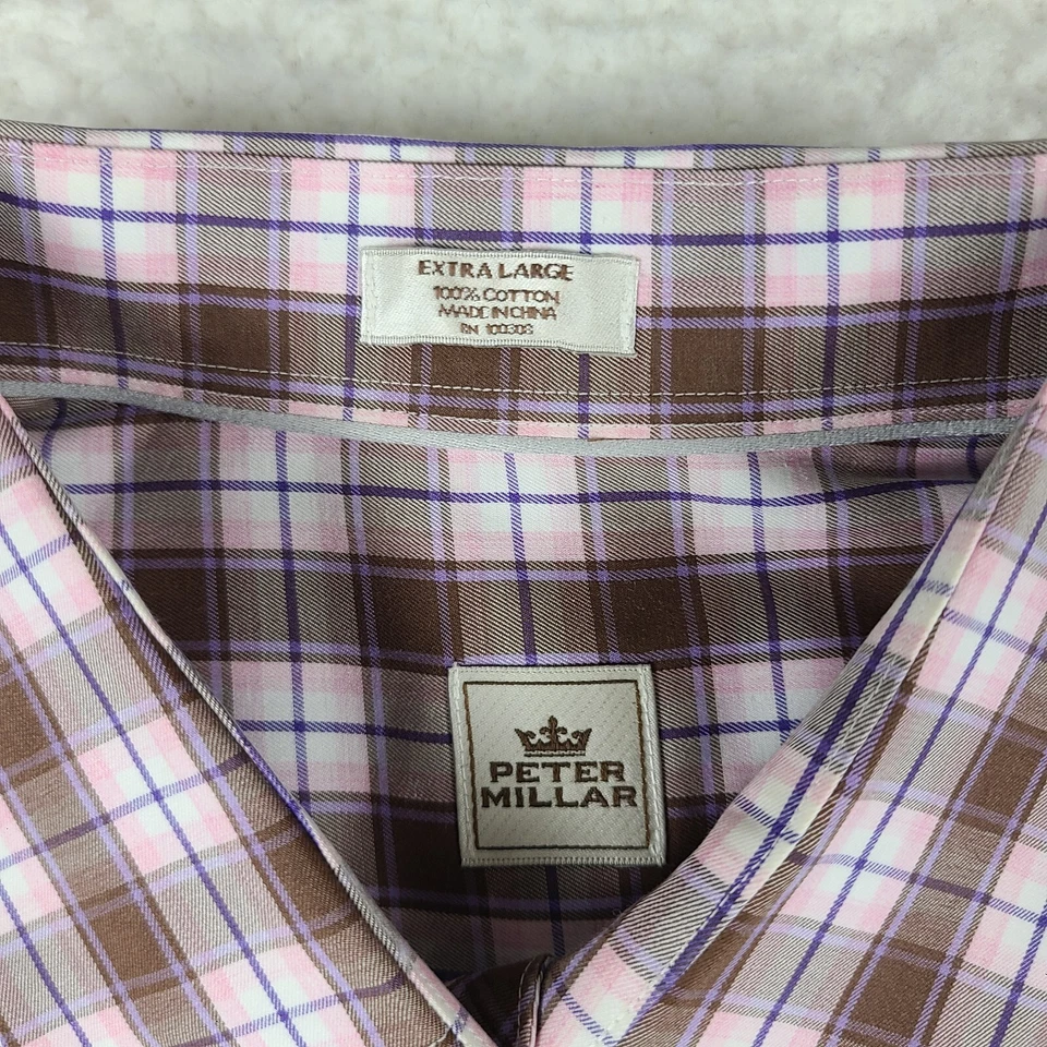 Camisa de vestir Peter Millar para hombre XL azul marrón rosa a cuadros 100 % algodón abotonada Foto 4 de 4