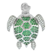 925 Sterling Silver Green and White CZ Sea Turtle Pendant 1 1/8 Inch 28mm Tall