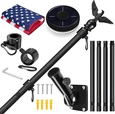 5FT Black Flag Pole Kit for outside House with American Flag & Solar Light,1" Th