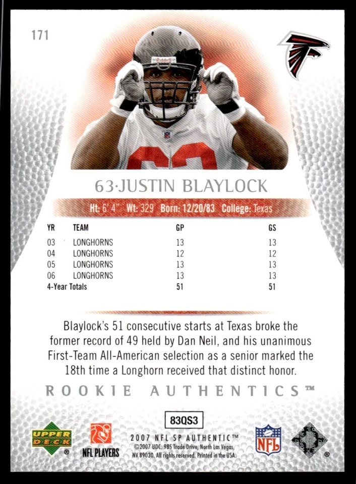 2007 SP Authentic Justin Blalock Rookie 637/999 Atlanta Falcons #171 R68 - Image 2 of 2