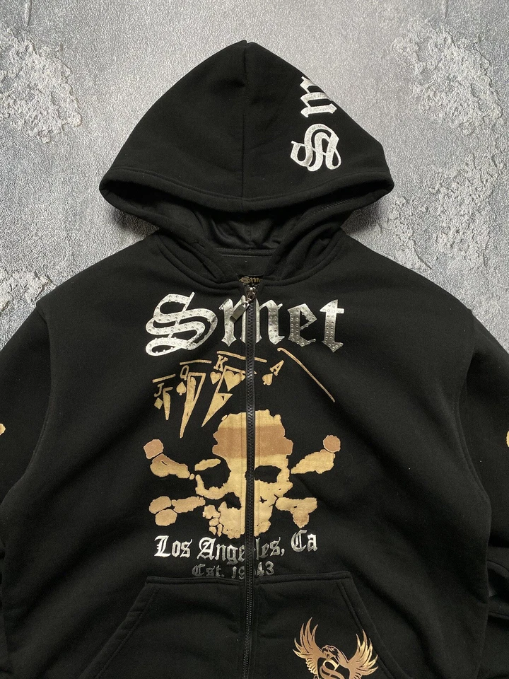 Smet Black Dollar Skull Ed Hardy Style Y2K Zip Hoodie Size XL - Изображение 4 из 4