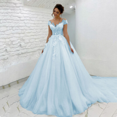 Fantasy Sky Blue Aline off-shoulder Wedding Dress with Lace Applique Bridal Gown