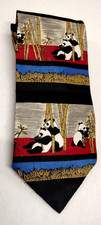 PANDAS GIANT PANDA SILK TIE PANDAS BAMBOO VINTAGE 90s Handmade Pure Silk
