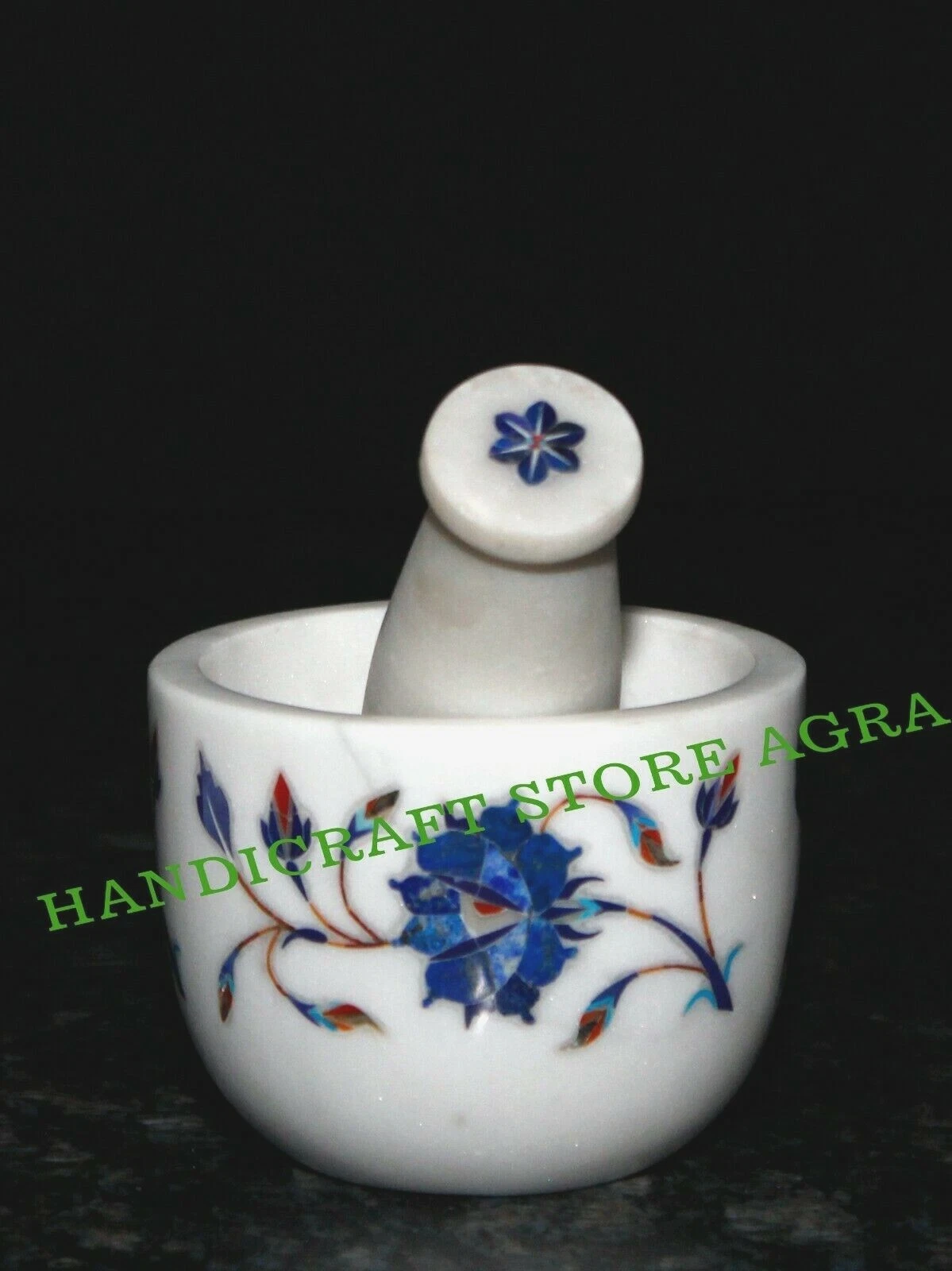 Marble pestle & mortar inlaid with semi-precious stone for home and kitchen