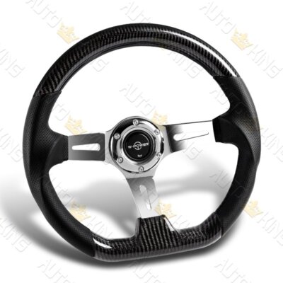 343MM 3'' DEEP DISH REAL CARBON FIBER GRIP LEATHER SPOKES STEERING WHEEL W-POWER