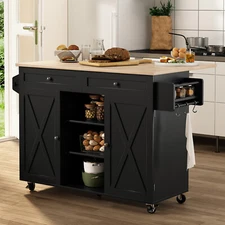 Drop-Leaf Kitchen Island Trolley Cart Wood Storage Cabinet with 2 Drawers & Rack