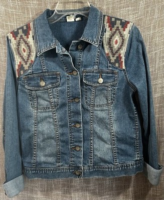 Roxy Denim Jacket Medium Dancing Shores Factory Distressed Southwestern