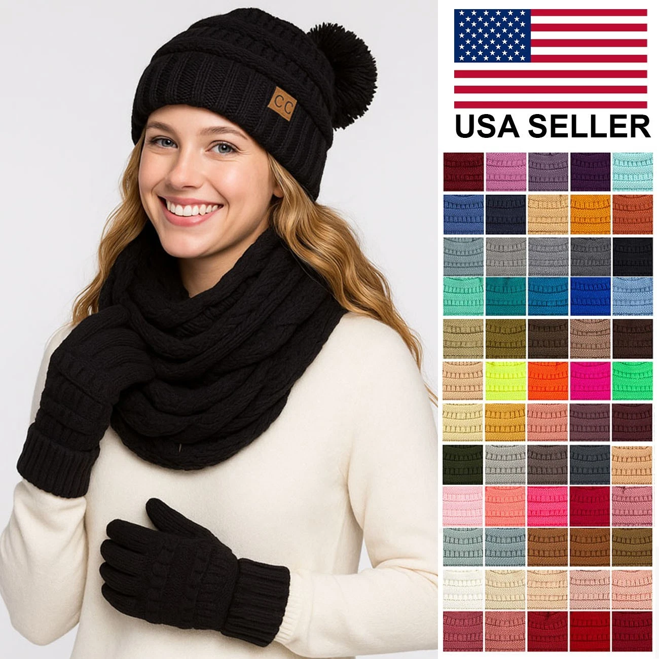 C.C 3pc Set Warm Chunky Soft Stretch Cable Slouchy Beanie Gloves and Scarf Set