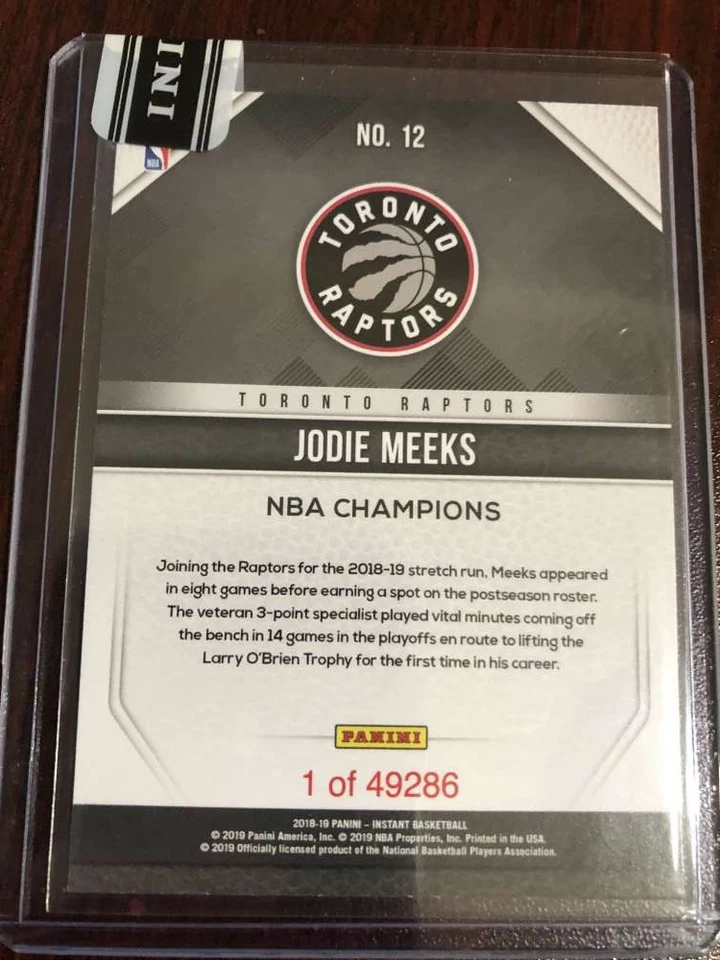 2018-19 Panini NBA Champions Team Set Basketball #12 Jodie Meeks Toronto Raptors - Image 2 of 2