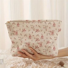 Pink floral Cosmetic Bag Corduroy Zipper Makeup Organizer Lightweight Portable C
