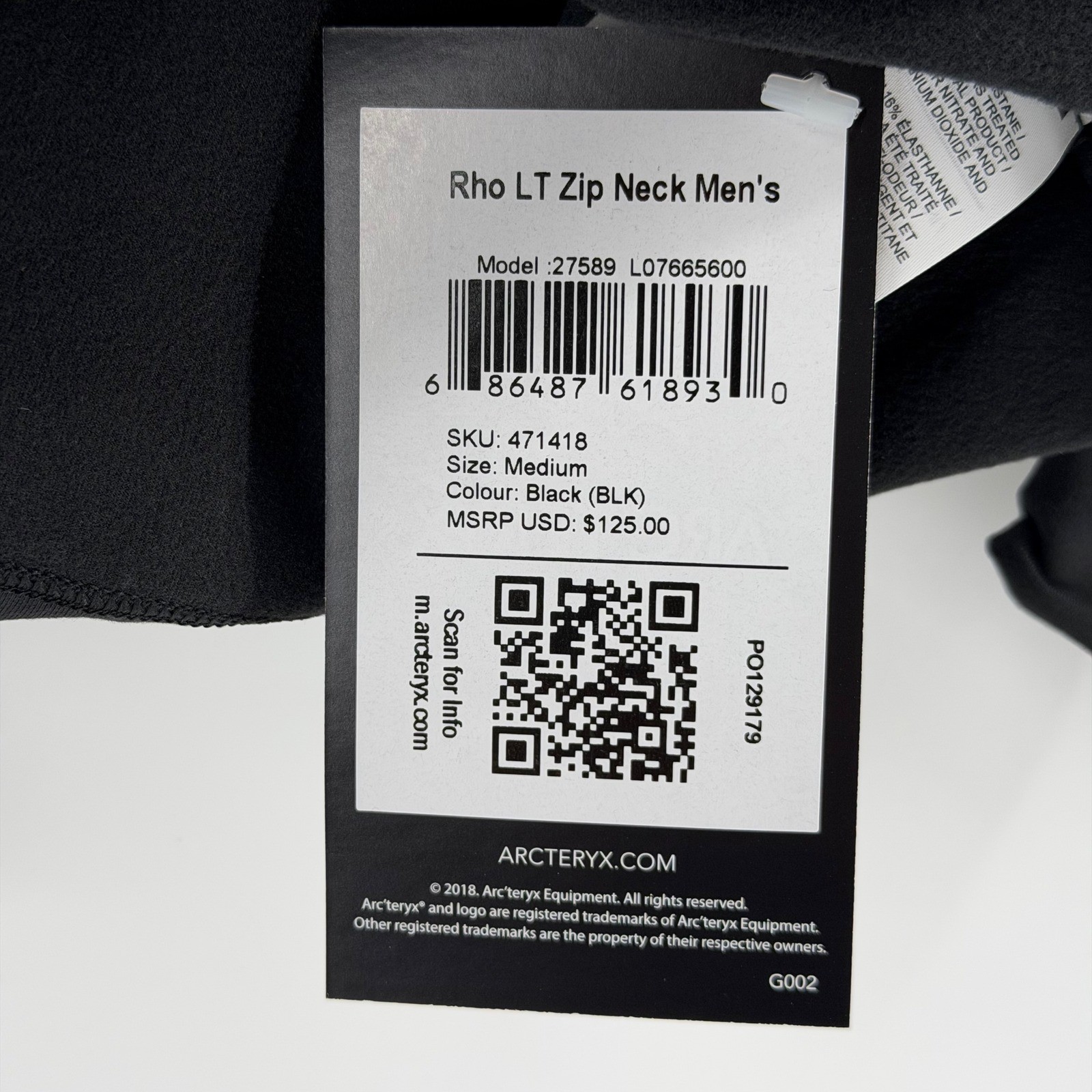 NWT Arc'teryx Rho LT Zip Neck Base Layer Top Mens Medium Black Thermal Trail Ski thumbnail 7