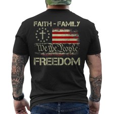 Faith Family Freedom Patriotic Christian Cross USA American Flag ON BACK