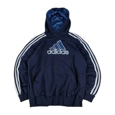 VTG Adidas Hoodie Men's Large 3-Stripe Embroidered Y2K Navy Blue White EUC