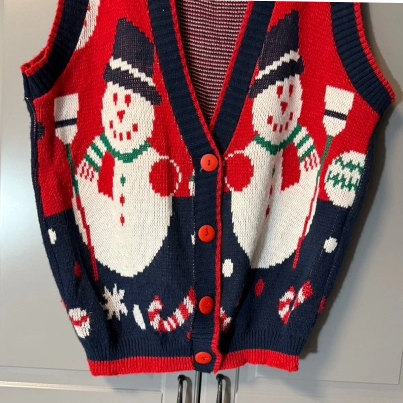 Chaleco Suéter Tejido Cabin Creek Vintage Muñeco de Nieve Fair Isle, Azul Rojo, S Foto 4 de 4