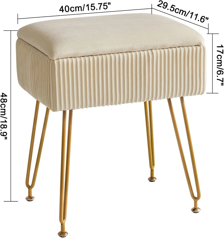 Beige Velvet Storage Ottoman Stool Square Bench Dressing Table Seat - Image 3 of 4