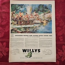 Willys WWII New Guinea Engineers Jeep Bridge Under Fire Vintage Print Ad – 1943