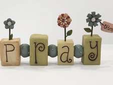 Blossom Bucket Suzi Skoglund PRAY Often Word Blocks Figurine Decor Resin Small