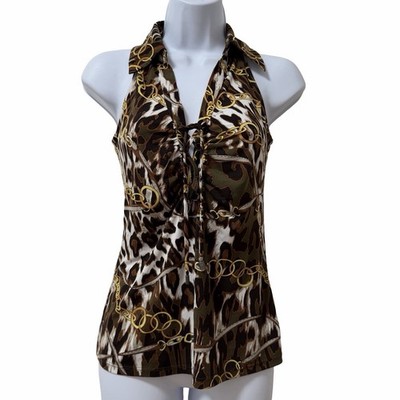 Cache Womens Y2K Chain Link Lace Up Tank Top Size S Brown Stretch Mob Wife