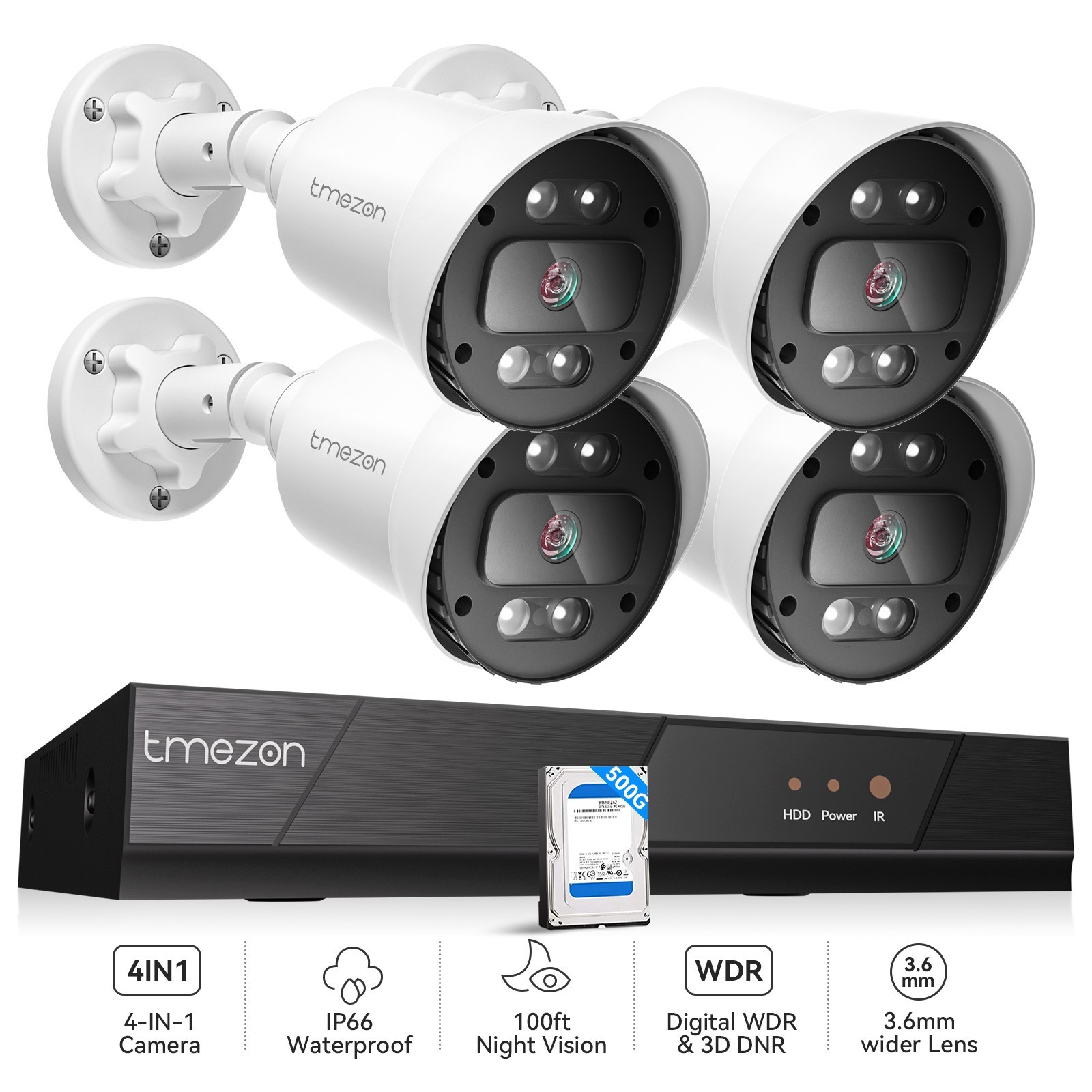 TMEZON Security Camera System 4PCS 5MP Lite CCTV DVR HD IR Outdoor Home IP66