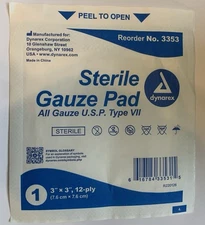 Dynarex Sterile Gauze Pads 3" X 3" 12-Ply Single Wound Care #3353 100 Bandages