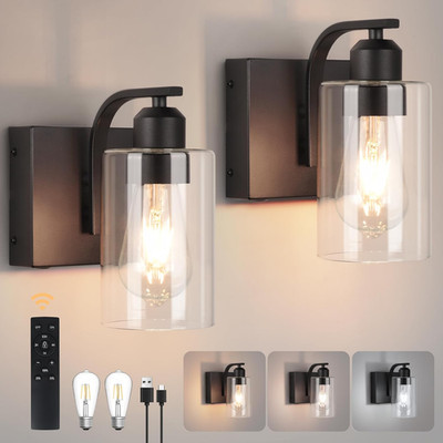 Dimmable 8'' Battery Operated Wall Sconces Set of 2 with Remote Control