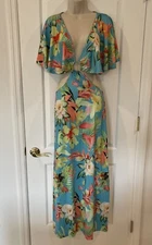 Haoduoyi Blue S Flounce Floral Maxi Dress Short Sleeve On Off Shoulder Cut Out
