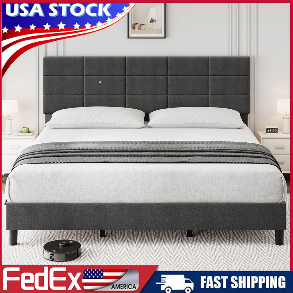 Bed Frame King Queen Full Twin Size Upholstered Headboard Heavy Duty Platform-image