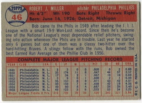 1957 Topps #46 Bob Miller Philadelphia Phillies - Foto 2 di 2