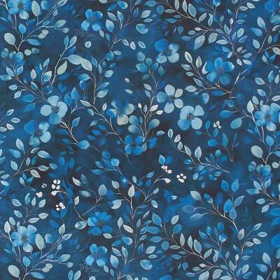 FITZIBIZ Baumwollstoff Popeline Blüten und Blätter, dunkelblau (Meterware ab 0,50m)