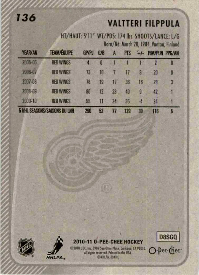 2010-11 O-Pee-Chee Valtteri Filppula #136 - Image 2 of 2