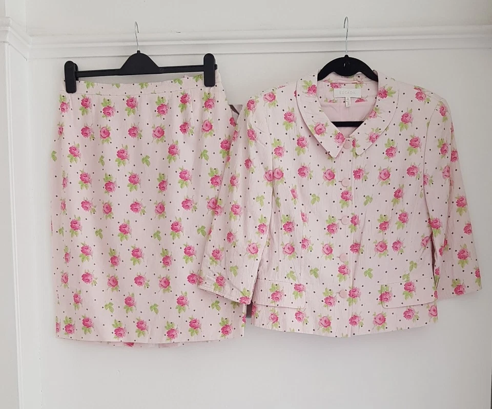 Impresionante Traje Falda ESCADA Rosa Rosa Mezcla Seda - Talla 40 UK 12 Foto 2 de 4