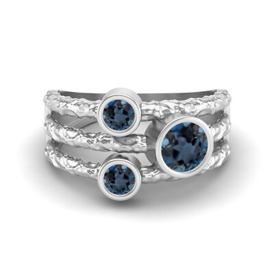925 Sterling Silver Round London Blue Topaz Hammered Shank Band Trio Stone Ring