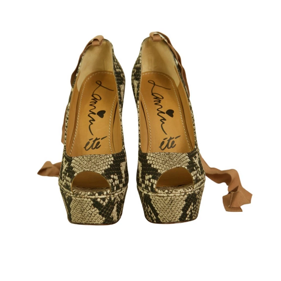 Lanvin Sake Pattern Canvas High Cork Heel Wedges Platform Peep Pumps Shoes 40 - Image 2 of 4