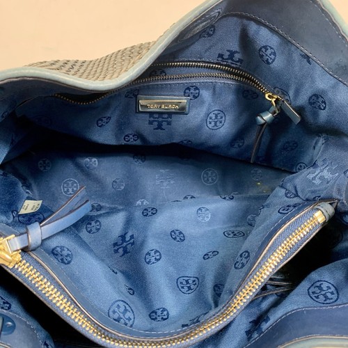 TORY BURCH Thea Woven Leather Shoulder Bag Blue / Beige Satchel Tote NO TASSELS - Picture 10 of 12