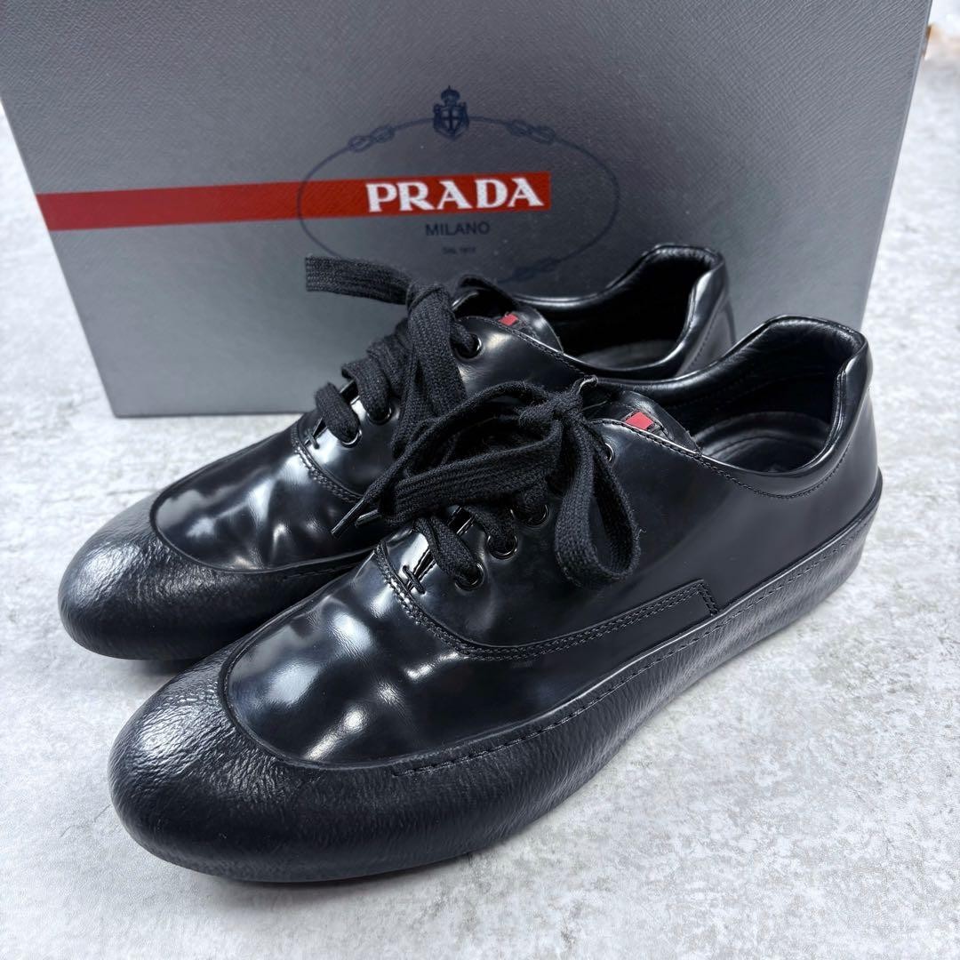 PRADA SPORTS Men's Leather Sneakers, Size 6, Black, Simple, From Japan, y9748
