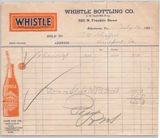 1923 Whistle Bottling Co Allentown PA Soda Pop Illustrated Billhead BH1-93